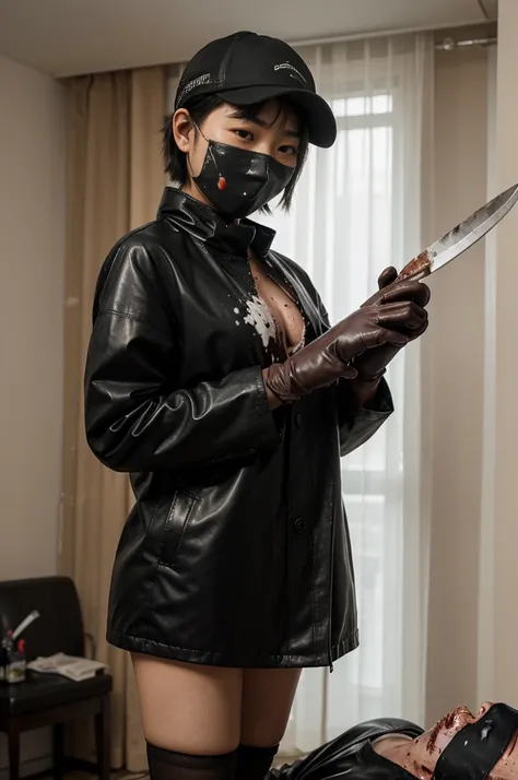 korean girl, (behind corpse, blood splatter), surgical mask, holding knife, stabbing, black raincoat, leather gloves, trucker hat, room full of blood, short hair, holding knife, leather gloves, behind corpse, night, mass murderer, robbery, in the hotel,
