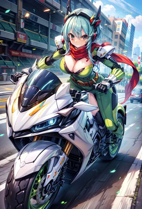 (masterpiece:1.2), best quality, high resolution, extremely detailed CG, absurdres, highres,1girl, solo, (serious:1.3), henshin belt, ((dark_blue_hair)), mecha belt, headgear, (red_scarf), black and green powersuit, white armor, on a cyber motorcycle, thig...