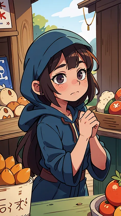 Show Isabella wearing a hooded cloak, her face partially concealed, as she gazes wistfully at the colorful stalls of the market and the lively activities of the villagers.