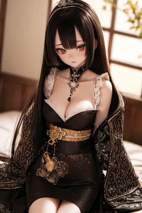 photorealistic, realistic photo, ((highest quality)), ((masterpiece)), ((extremely detailed)), kukolnydom, doll, (mature woman:2), solo, ((from front, seiza, skinny, slender, slim, black kimono, obi, obidome, hair ornament)), green eyes, parted lips, (blac...