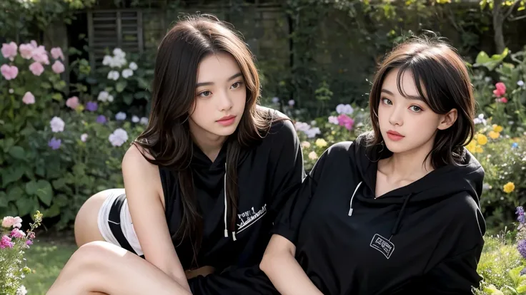 deux femmes ensemble de 18 ans sexy et mince , black short sleeve hoodie , dans un jardin de fleur, se touche,position sey,sensuel