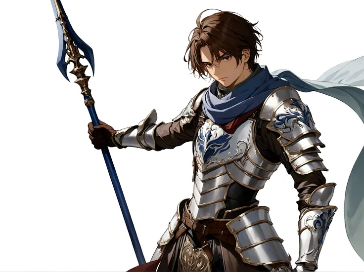 solo, simple background, brown hair, gloves, 1boy, white background, weapon, male focus, scarf, armor, polearm, spear