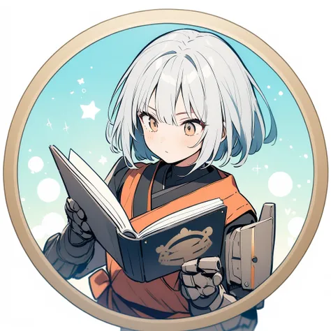 (circle frame1.7),Female cyborg samurai, perfect face, robot arms,reading  book, icon, circle frame,