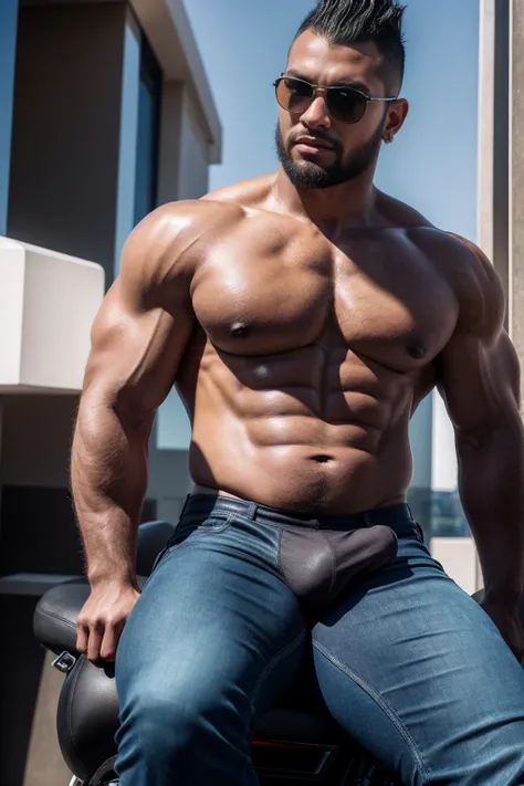 solo huge handsome aggressive gay guy black Masai masculine gangsta with black goaty beard and high mohawk and huge muscles and huge round belly wearing black sunglasses and big diamond earrings and quilted and studded with big high studs shiny leather jac...