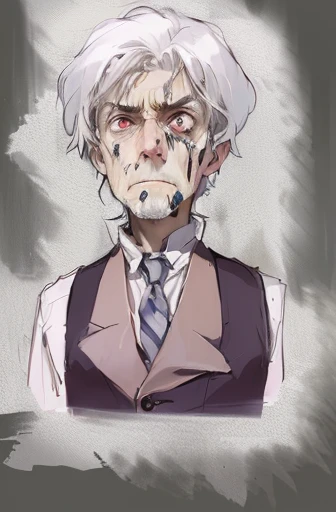 a drawing of a man with a tie and vest, inspired by Eugène Isabey, tired and haunted expression, shadowy and eerie character, a silver haired mad, inspired by Alexander Kanoldt, his eyes are bleeding intense, tired haunted expression, highley detailled fac...