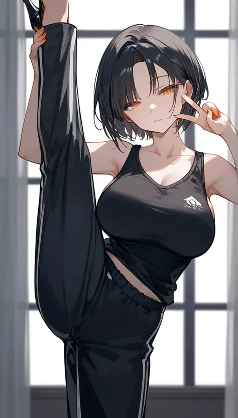 masterpiece, Score_9, Score_8_up, Score_7_up,1 woman, alone, black hair, very short hair, parted bangs, golden and orange eyes, half-closed eyes, parted lips, expressionless, pale skin, large breasts, best quality, long bangs and open, black sleeveless shi...