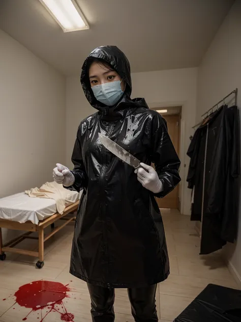 korean girl, (behind corpse, surgical mask), multiple girls, holding knife, stabbing, black raincoat, black gloves, hood up, room full of blood, black wet suit, holding knife, black gloves, behind corpse, blood splatter, short hair, night, mass murderer, r...