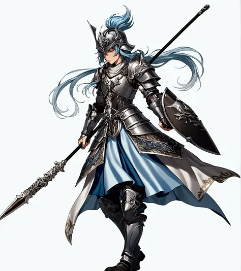 solo, long hair, simple background, 1boy, white background, blue hair, ponytail, weapon, male focus, armor, helmet, polearm, spear