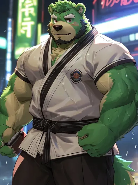 bara, furry, furry_male,male focus, solo, muscular male,  (((green bear))), (((green fur))), green hair, red eyes, beard, white eyebrows, 1boy, solo, muscular old man (furry bear), huge muscular, short hair, wearing karate uniform, (cinematic rain vfx back...