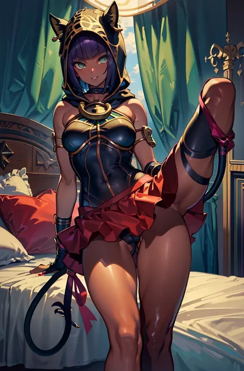 Masterpiece, best quality, absurdres, ((1girl)), , menat_holiday,  light smile, dark skin, Green eyes, egyptian, bob cut, red dress, (black hood), black gloves,(shiny thighs),, , bare shoulders,sexy thighs,(((beautiful leg))),((solo)),panty shot,evil smile...