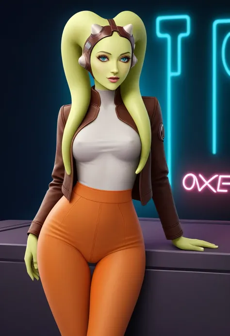 score_9_up, score_8_up, score_7_up, 1girl, solo, mature female, ((Hera)),(( twi’lek race))((green skin color)), long horns, blue eyes, pink lips, parted lips, fit slim body, ((perfect medium erected breast)), (((brown jacket, white tight top, orange  pants...