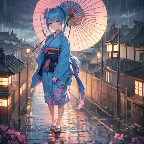 sky Blue hair, (braided ponytail),(pink eyes),fair skin ,(full body),(1 girl),smile,Straight Bangs,(masterpiece, best quality, ultra-detailed, best shadow), (detailed background), (beautiful detailed face), high contrast, (best illumination, an extremely d...