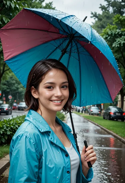 ultra real portrait photo, highly detailed, dynamic angle, beautiful detailed, 8k,lively expression,Portrait of a smiling woman holding a colorful umbrella in the pouring rain, she is dressed casually and seems to be enjoying the sound of raindrops hitting...