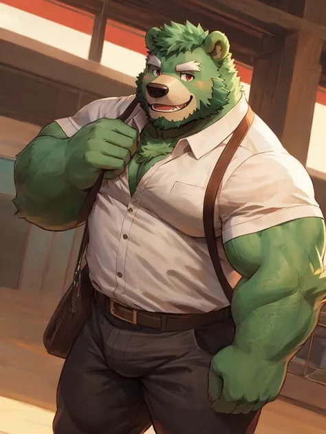 bara, furry, furry_male,male focus, solo, muscular male,  (((green bear))), (((green fur))), green hair, red eyes, beard, white eyebrows, （CG 8K）bear Orcs，very strong，Wear a shirt and long pants，strong chest muscles，Strong thigh muscles，Handsome smile，face...