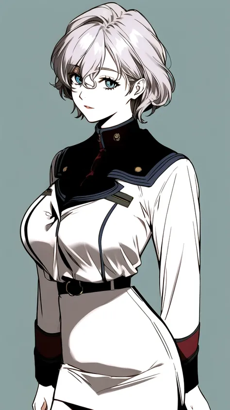 sallysaintford, huge_breasts, standing, solo, naval_uniform_white_jacket_white_pencil_skirt_miniskirt_belt_long_sleeves_turtlene...