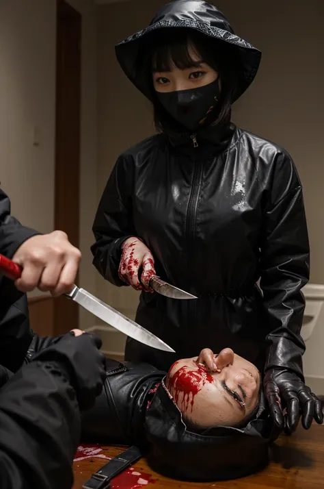 korean girl, (behind corpse, blood splatter), surgical mask, holding knife, stabbing, black raincoat, leather gloves, bucket hat, room full of blood, long bangs, holding knife, black wet suit, leather gloves, behind corpse, night, mass murderer, robbery, i...