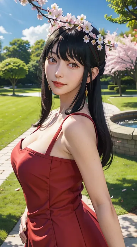 yor, Mature female,  bangs, side locks, Red eyes, Black hair, hair adornments，sportrait, (face:1.2), schoolgirls, ssmile,bare shoulders​, Black hair, cherry blossom, cleavage, (gown:1.21), clavicle, Willow Branch, (masterpiece best quality :1.2),