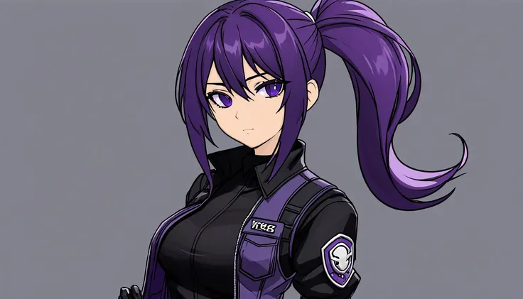 One girl, Dark hair with purple strands, Ponytail, purple eyes, black outfit,wearing bulletproof vest,background white, character sheet,character design document,concept art, looking at camera,standing upright,no weird pose,no tilted head,no tilt, head rot...