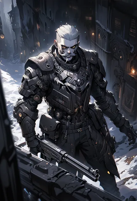 (((dark biopunk style))), dark art, man, shaved hair, short mustache, body armor, revolver gun, many shadows, cold lights, dark art, highly detailed, extremely detailed, masterpiece