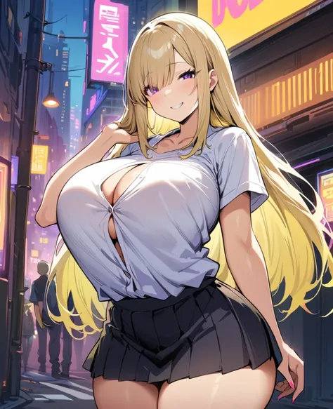 cyberpunk city, street, evening, neon light, neon sign, Masterpiece, Best Quality, high resolution, JK,huge tit,1 girl, Pastel yellow hair, long hair, hair covers one eye, purple eyes, tight, big thighs, expression smiling shy, ,pleated Skirt,inside shirt,...