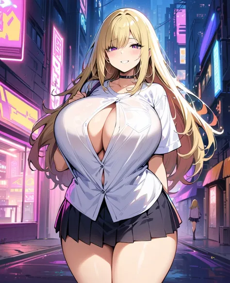 cyberpunk city, street, evening, neon light, neon sign, Masterpiece, Best Quality, high resolution, JK,huge tit,1 girl, Pastel yellow hair, long hair, hair covers one eye, purple eyes, tight, big thighs, expression smiling shy, ,pleated Skirt,inside shirt,...