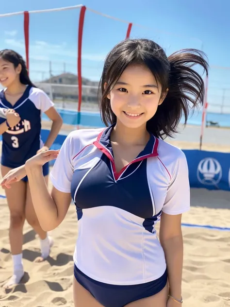 8K,masterpiece,Japanese,14-year-old girl,from the front,smile,cute,Innocent face,Innocent,Kind eyes,Childish,Volleyball Uniforms,Beach Volleyball,semi-long,Hair blowing in the wind,Black Hair,Somewhat strong wind,noon,bright,M-shaped feet, (Large Breasts:1...