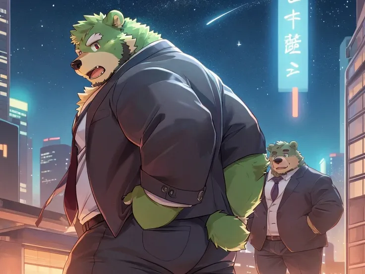 bara, furry, furry_male,male focus, solo, muscular male,  (((green bear))), (((green fur))), green hair, red eyes, beard, white eyebrows, (a green fur boy wearing a gray jacket and gray pants, a bear, standing on a rooftop, surrounded by skyscrapers, bustl...