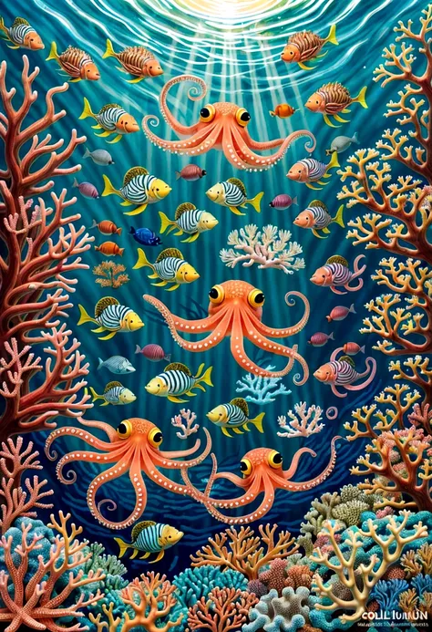 The background of the illustration is a wide and bright sea. Swimming Octopus,  There is a beautiful area of coral reefs in the sea，Corals are colorful and diverse，It emits a colorful glow，Small fish swimming freely，The whole illustration is full of warmth...