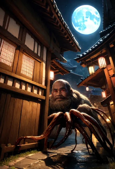 A giant hairy spider peers out from between the roofs with its red eyes、Wet,slimy,Reflex muscles,Old Japanese town setting, moon, Realistic, Very detailed, Complex,Unreal Engine,Sinomatic Lighting,Wide-angle lens, Action Shots,8K, HyperRealistic movie post...