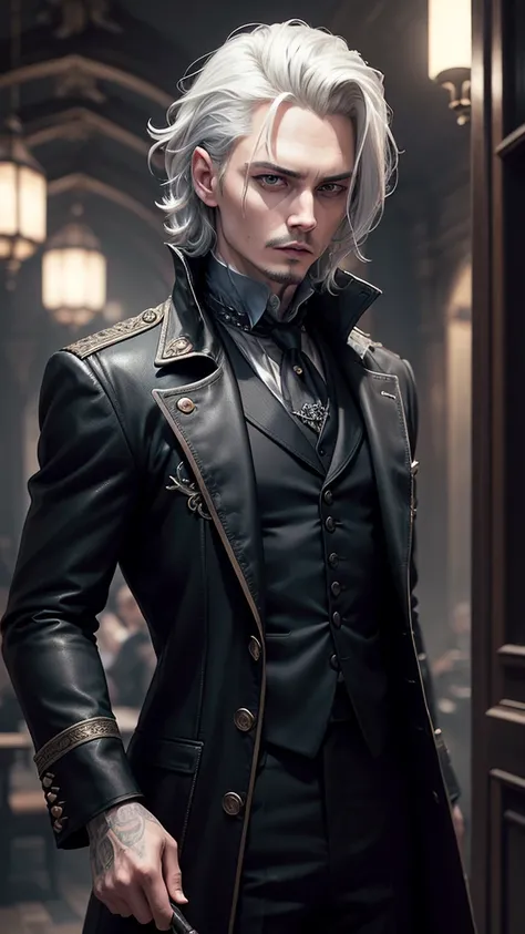 Create an image of Gellert Grindelwald inspired by Johnny Depps portrayal in the Fantastic Beasts series.

Description:

Appearance: Gellert Grindelwald has a striking and intense presence, similar to Johnny Depps portrayal.
Hair: White-blonde hair, styled...