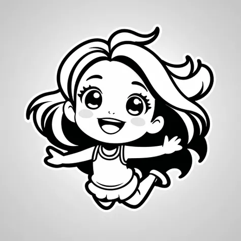 Create a black and white vector icon of a cute  in cartoon style. She is jumping and laughing. The background is a clean, pure white.