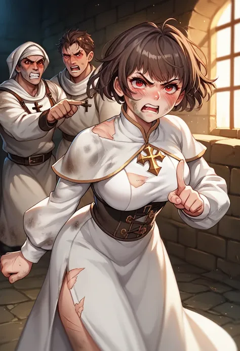 Adult female, fantasy, very short dark brown hair, red eyes, cleric, black on white cleric robes, blushing, angry, dungeon, pointing, running from monsters, highly detailed, high quality, perfect eyes, expressive eyes, dirty, cuts