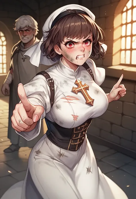 Adult female, fantasy, very short dark brown hair, red eyes, cleric, black on white cleric robes, blushing, angry, dungeon, pointing, running from monsters, highly detailed, high quality, perfect eyes, expressive eyes, dirty, cuts