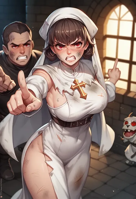 Adult female, fantasy, very short dark brown hair, red eyes, cleric, black on white cleric robes, blushing, angry, dungeon, pointing, running from monsters, highly detailed, high quality, perfect eyes, expressive eyes, dirty, cuts