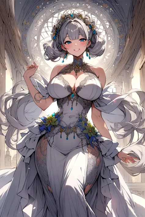 Voluptuous gray haired girl smiling