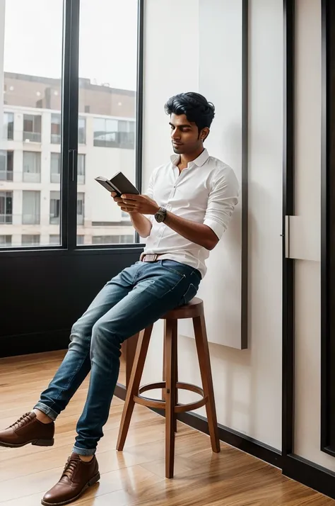 minimalist photo shoot idea for an Indian young man could take place in a trendy café with clean lines and modern furniture. Dress him in stylish, fitted casual attire, like a shirt and slim jeans. Capture candid moments of him enjoying a coffee or reading...