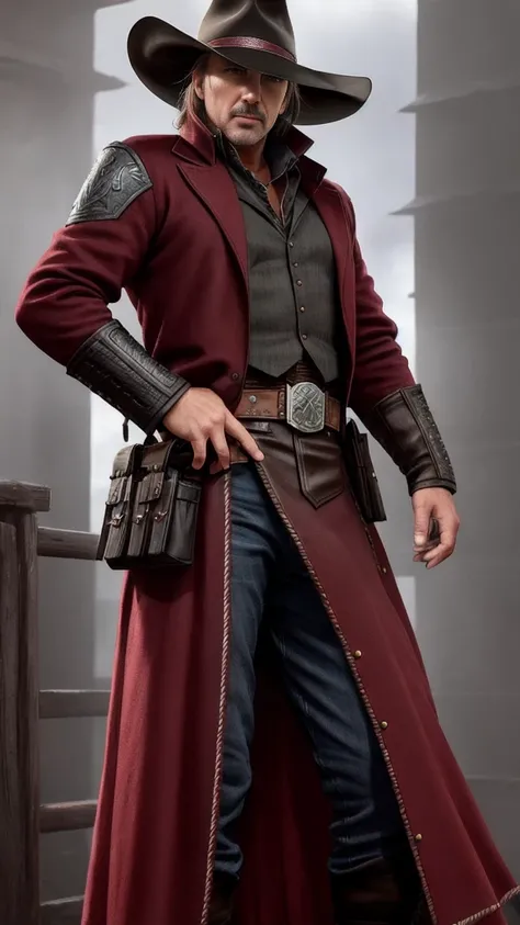 (Kevin Costner) as Erron Black from Mortal Kombat, maroon cowboy outfit, cowboy hat, 2 revolvers, 1man, solo, full body view, front view, looking at viewer, intricate, high detail, sharp focus, dramatic, photorealistic painting art by greg rutkowski