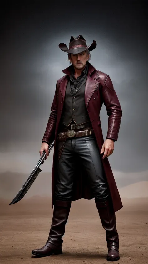 (Kevin Costner) as Erron Black from Mortal Kombat, maroon cowboy outfit, cowboy hat, 2 revolvers, 1man, solo, full body view, front view, looking at viewer, intricate, high detail, sharp focus, dramatic, photorealistic painting art by greg rutkowski