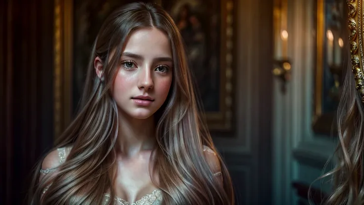 a beautiful girl with long flowing hair, dreamy expression, soft lighting, oil painting, detailed portrait, ethereal, romantic, pastel colors, cinematic, highly detailed, intricate background, dramatic lighting, impressionistic, photorealistic, (best quali...