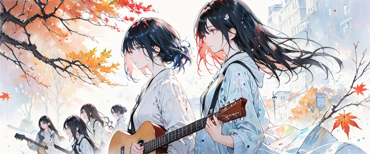 A painting by mse《man wearing glasses》，author：agnes cecile, Luminous design, Soft colors, Ink drops, Autumn Lights, Holding Guitar, Accorstic guitar, side view, three girls