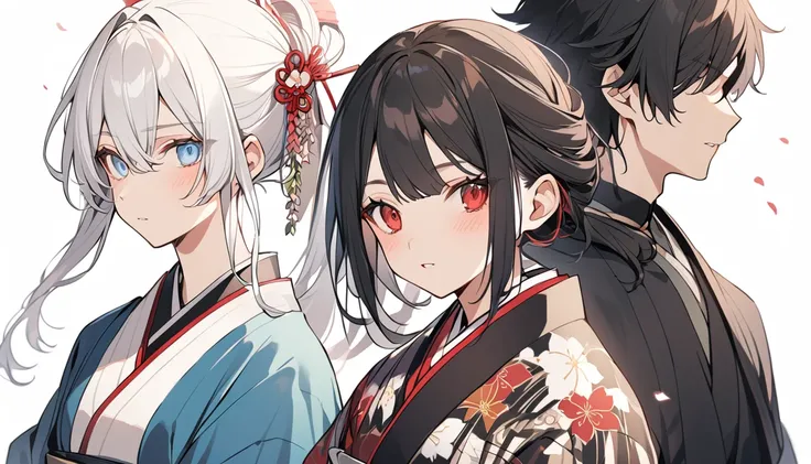 A girl with black hair with white streaks, red eyes. Female Japanese . Next to a boy with white hair and light blue eyes wearing a male Japanese uniform. 