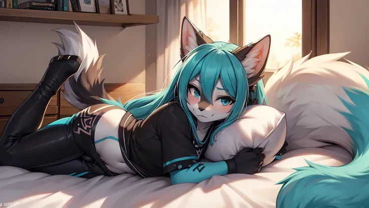 Miku Hatsune, add high definition_detail:1, blue fur,kitsune ears, tribal tattoo add_detail:1 cute high school clothes, pretty girl add_detail:3 18 year old girl, short black lycra, black metal t shirt, flirty look add_detail:3,  lying on a bed right medio...