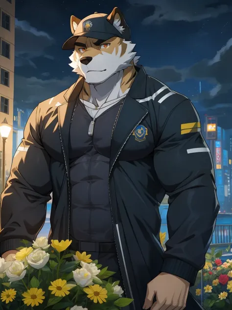 masterpiece，night，anthropomorphic dog，one person，（（（s hair））），male，26 years old，thick eyebrows，Light-colored fur，Strong body，Large pecs，（（（nude，White tracksuit，coat，Blue sports cap））），full-body shot，on city streets，（（（holding a machine gun））），（（（Ready to f...