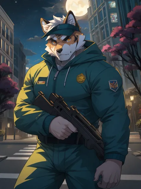 masterpiece，night，anthropomorphic dog，one person，（（（s hair））），male，26 years old，thick eyebrows，Light-colored fur，Strong body，Large pecs，（（（nude，White tracksuit，coat，Blue sports cap））），full-body shot，on city streets，（（（holding a machine gun））），（（（Ready to f...