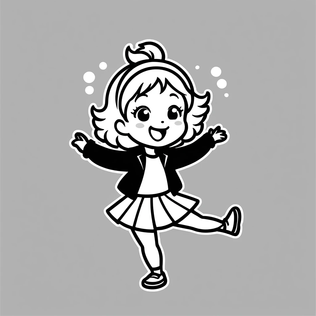 Create a black and white vector icon of a cute  in cartoon style. She is dancing and laughing. The background is a clean, pure white.