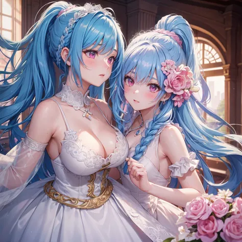 Sky blue hair, (Braided Ponytail),(Pink Eyes),Fair skin ,(whole body),(1 Girl),bride,blush,Straight bangs, 6月のbride,Wedding dress,(masterpiece, Highest quality, Super detailed, Best Shadow), (Detailed Background), (Beautifully detailed face), High Contrast...