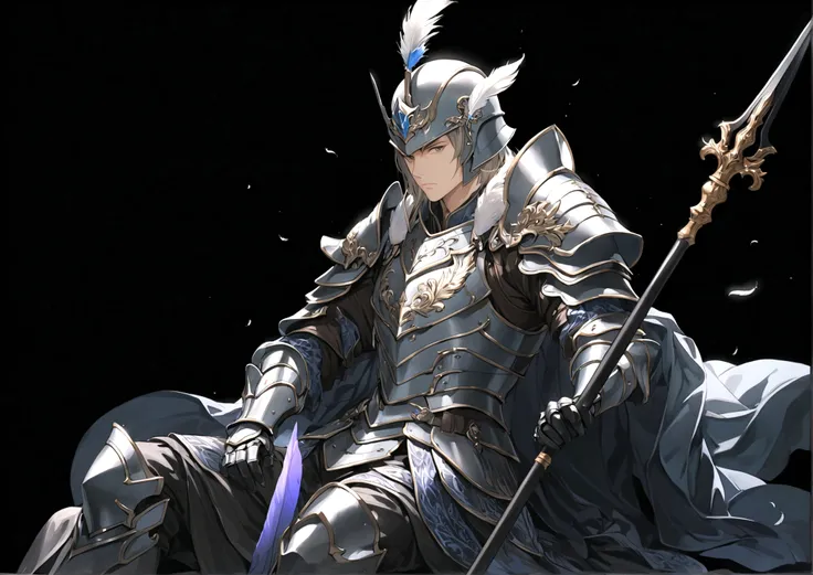 solo, simple background, 1boy, holding, sitting, closed mouth, weapon, male focus, holding weapon, armor, helmet, feathers, polearm, black background, shoulder armor, spear, holding polearm