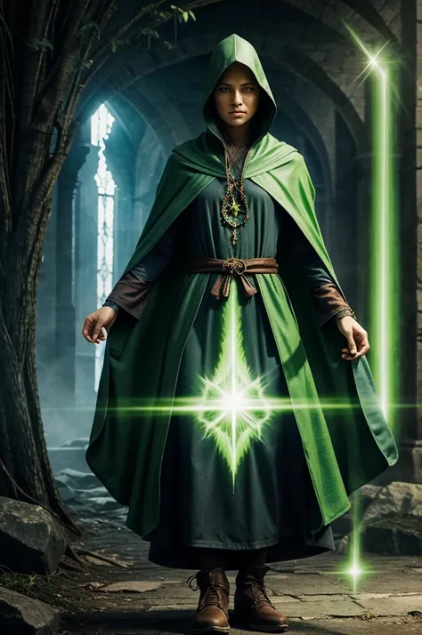 wizard cloak,green aura around,wizard&#39;s outfit,magie,lightning magic, ominous lighting,8K