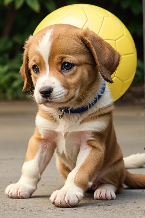 Make a little cute puppy playing with a ball