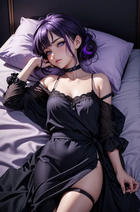 Italian girl, solo, 25 years old, blue eyes, short black hair tied up, purple hair highlights, slim, busty, sleeping in a bed, black bed sheets, wearing a nightgown, covering face with blanket, looking at viewer,